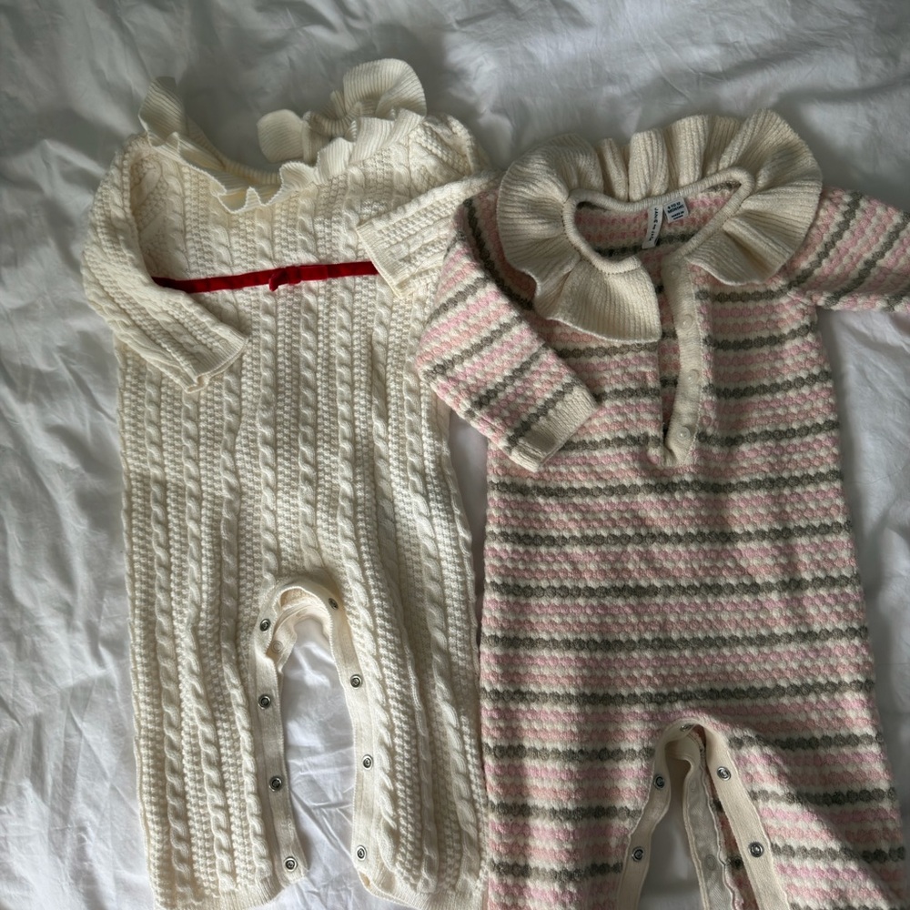 Cream Knit Baby One-Piece Romper with Ruffle Collar
